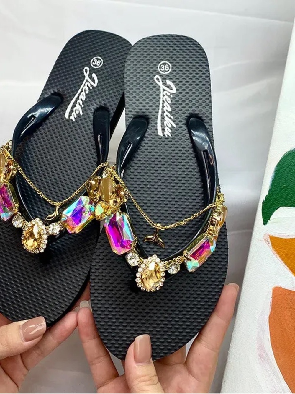 Women's Black Jeweled Flip Flop Sandals with Iridescent Gems